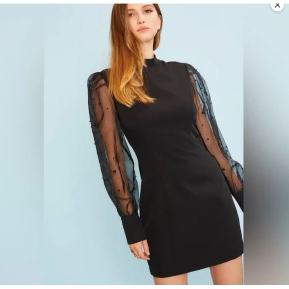 Main Strip Mock Neck Mini Dress-Large-Organza Sheer Sleeves-Pearl Embellishments
